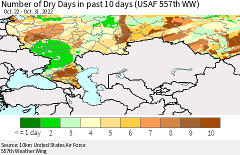 Russian Federation Number of Dry Days in past 10 days (USAF 557th WW) Thematic Map For 10/26/2022 - 10/31/2022