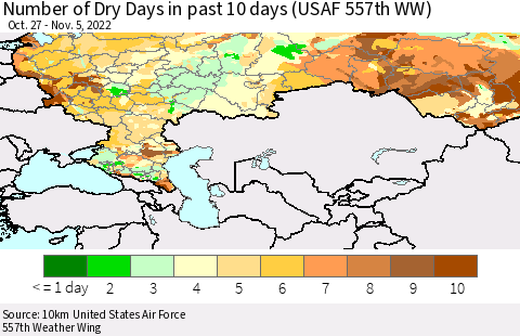 Russian Federation Number of Dry Days in past 10 days (USAF 557th WW) Thematic Map For 11/1/2022 - 11/5/2022