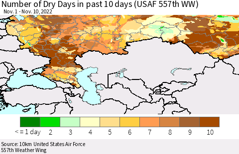 Russian Federation Number of Dry Days in past 10 days (USAF 557th WW) Thematic Map For 11/6/2022 - 11/10/2022