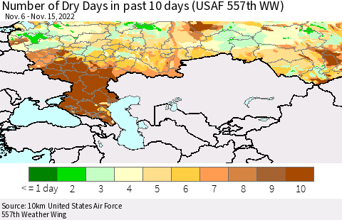 Russian Federation Number of Dry Days in past 10 days (USAF 557th WW) Thematic Map For 11/11/2022 - 11/15/2022