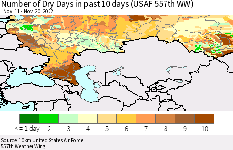 Russian Federation Number of Dry Days in past 10 days (USAF 557th WW) Thematic Map For 11/16/2022 - 11/20/2022