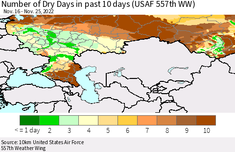 Russian Federation Number of Dry Days in past 10 days (USAF 557th WW) Thematic Map For 11/21/2022 - 11/25/2022