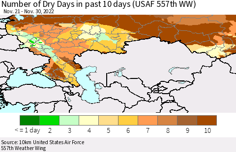 Russian Federation Number of Dry Days in past 10 days (USAF 557th WW) Thematic Map For 11/26/2022 - 11/30/2022