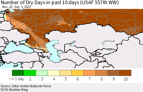 Russian Federation Number of Dry Days in past 10 days (USAF 557th WW) Thematic Map For 12/1/2022 - 12/5/2022