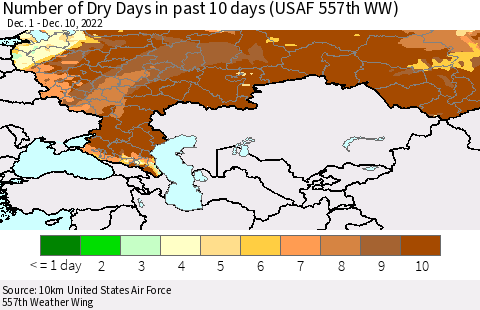 Russian Federation Number of Dry Days in past 10 days (USAF 557th WW) Thematic Map For 12/6/2022 - 12/10/2022