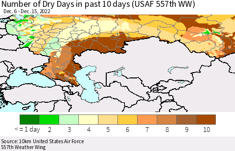 Russian Federation Number of Dry Days in past 10 days (USAF 557th WW) Thematic Map For 12/11/2022 - 12/15/2022