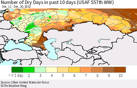 Russian Federation Number of Dry Days in past 10 days (USAF 557th WW) Thematic Map For 12/16/2022 - 12/20/2022