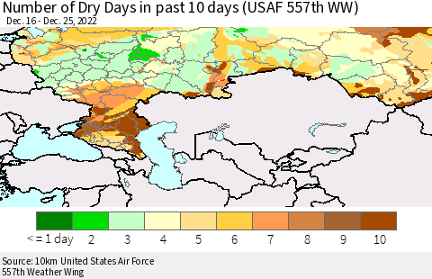 Russian Federation Number of Dry Days in past 10 days (USAF 557th WW) Thematic Map For 12/21/2022 - 12/25/2022
