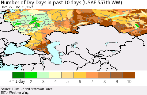 Russian Federation Number of Dry Days in past 10 days (USAF 557th WW) Thematic Map For 12/26/2022 - 12/31/2022