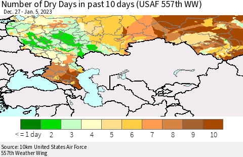 Russian Federation Number of Dry Days in past 10 days (USAF 557th WW) Thematic Map For 1/1/2023 - 1/5/2023