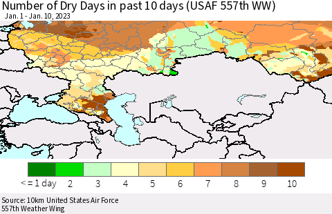 Russian Federation Number of Dry Days in past 10 days (USAF 557th WW) Thematic Map For 1/6/2023 - 1/10/2023