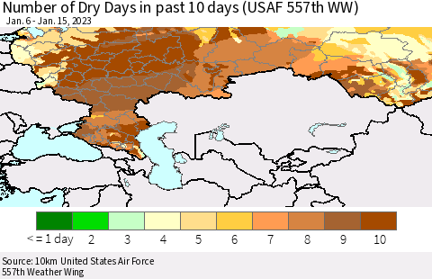 Russian Federation Number of Dry Days in past 10 days (USAF 557th WW) Thematic Map For 1/11/2023 - 1/15/2023