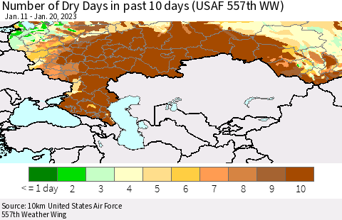 Russian Federation Number of Dry Days in past 10 days (USAF 557th WW) Thematic Map For 1/16/2023 - 1/20/2023