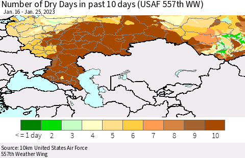 Russian Federation Number of Dry Days in past 10 days (USAF 557th WW) Thematic Map For 1/21/2023 - 1/25/2023