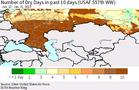 Russian Federation Number of Dry Days in past 10 days (USAF 557th WW) Thematic Map For 1/26/2023 - 1/31/2023