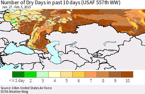 Russian Federation Number of Dry Days in past 10 days (USAF 557th WW) Thematic Map For 2/1/2023 - 2/5/2023