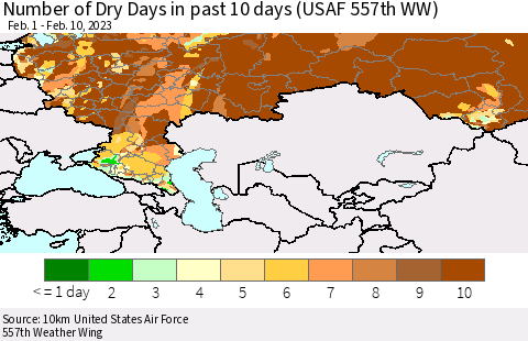 Russian Federation Number of Dry Days in past 10 days (USAF 557th WW) Thematic Map For 2/6/2023 - 2/10/2023
