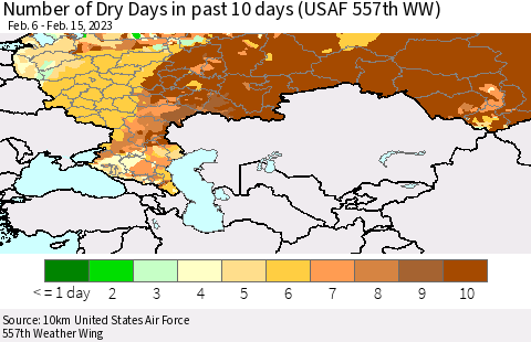 Russian Federation Number of Dry Days in past 10 days (USAF 557th WW) Thematic Map For 2/11/2023 - 2/15/2023