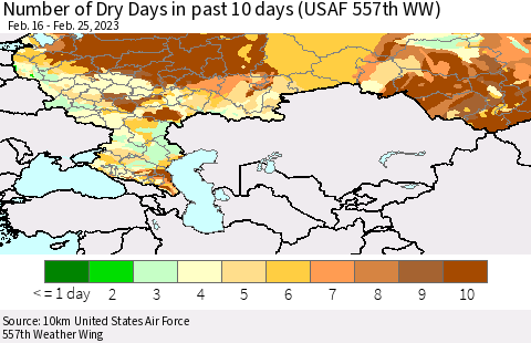 Russian Federation Number of Dry Days in past 10 days (USAF 557th WW) Thematic Map For 2/21/2023 - 2/25/2023