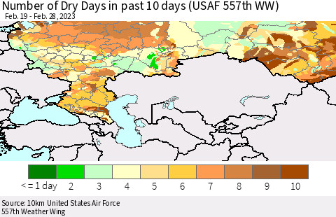 Russian Federation Number of Dry Days in past 10 days (USAF 557th WW) Thematic Map For 2/26/2023 - 2/28/2023