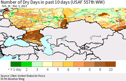 Russian Federation Number of Dry Days in past 10 days (USAF 557th WW) Thematic Map For 3/1/2023 - 3/5/2023
