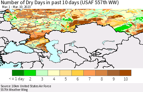 Russian Federation Number of Dry Days in past 10 days (USAF 557th WW) Thematic Map For 3/6/2023 - 3/10/2023