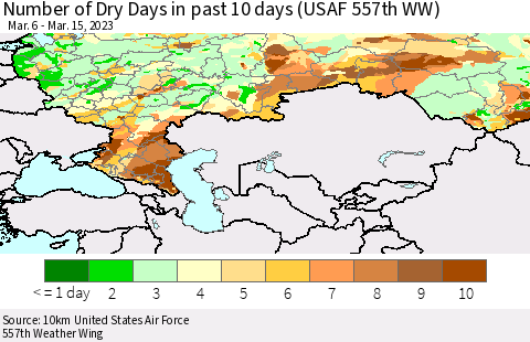 Russian Federation Number of Dry Days in past 10 days (USAF 557th WW) Thematic Map For 3/11/2023 - 3/15/2023
