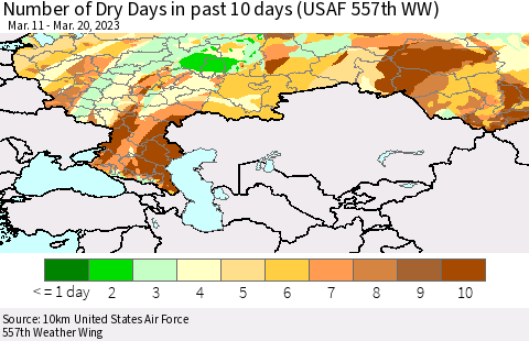 Russian Federation Number of Dry Days in past 10 days (USAF 557th WW) Thematic Map For 3/16/2023 - 3/20/2023