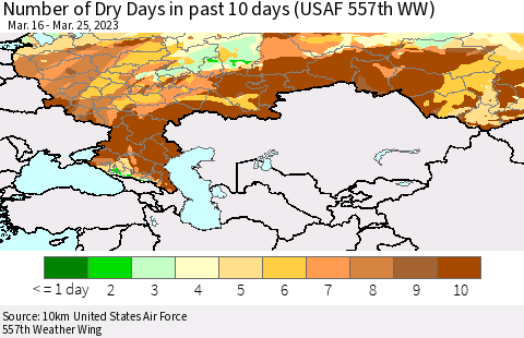 Russian Federation Number of Dry Days in past 10 days (USAF 557th WW) Thematic Map For 3/21/2023 - 3/25/2023