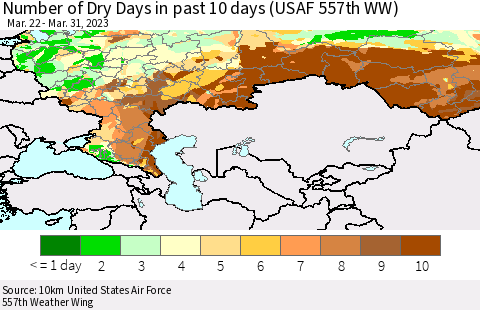 Russian Federation Number of Dry Days in past 10 days (USAF 557th WW) Thematic Map For 3/26/2023 - 3/31/2023