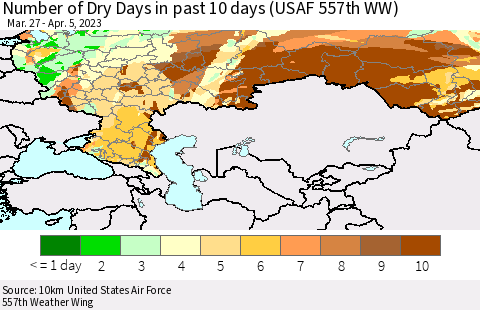 Russian Federation Number of Dry Days in past 10 days (USAF 557th WW) Thematic Map For 4/1/2023 - 4/5/2023