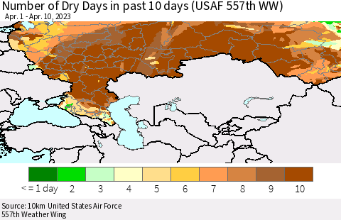 Russian Federation Number of Dry Days in past 10 days (USAF 557th WW) Thematic Map For 4/6/2023 - 4/10/2023