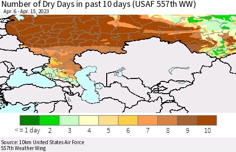 Russian Federation Number of Dry Days in past 10 days (USAF 557th WW) Thematic Map For 4/11/2023 - 4/15/2023