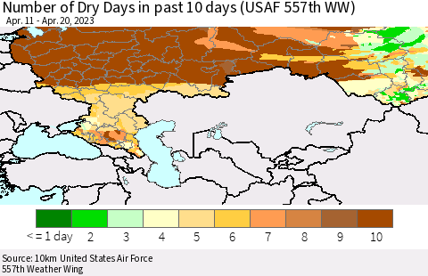 Russian Federation Number of Dry Days in past 10 days (USAF 557th WW) Thematic Map For 4/16/2023 - 4/20/2023