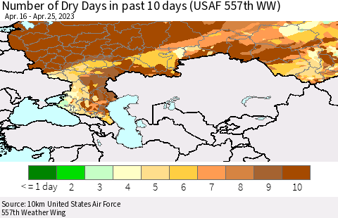 Russian Federation Number of Dry Days in past 10 days (USAF 557th WW) Thematic Map For 4/21/2023 - 4/25/2023