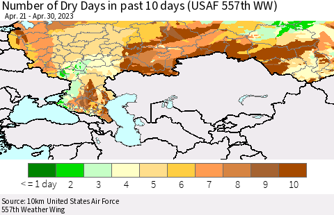 Russian Federation Number of Dry Days in past 10 days (USAF 557th WW) Thematic Map For 4/26/2023 - 4/30/2023