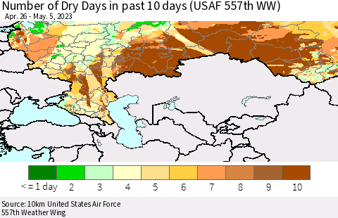 Russian Federation Number of Dry Days in past 10 days (USAF 557th WW) Thematic Map For 5/1/2023 - 5/5/2023