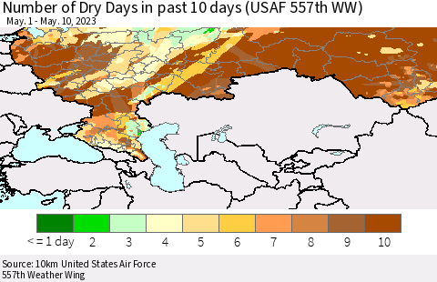 Russian Federation Number of Dry Days in past 10 days (USAF 557th WW) Thematic Map For 5/6/2023 - 5/10/2023