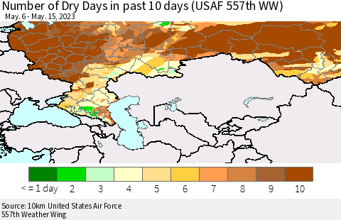 Russian Federation Number of Dry Days in past 10 days (USAF 557th WW) Thematic Map For 5/11/2023 - 5/15/2023