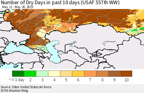 Russian Federation Number of Dry Days in past 10 days (USAF 557th WW) Thematic Map For 5/16/2023 - 5/20/2023