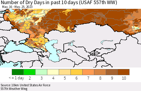 Russian Federation Number of Dry Days in past 10 days (USAF 557th WW) Thematic Map For 5/21/2023 - 5/25/2023