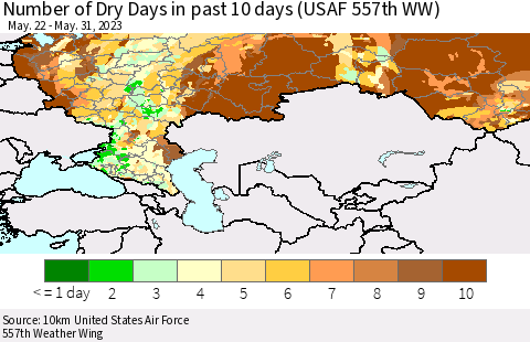 Russian Federation Number of Dry Days in past 10 days (USAF 557th WW) Thematic Map For 5/26/2023 - 5/31/2023