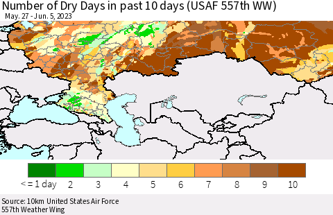Russian Federation Number of Dry Days in past 10 days (USAF 557th WW) Thematic Map For 6/1/2023 - 6/5/2023