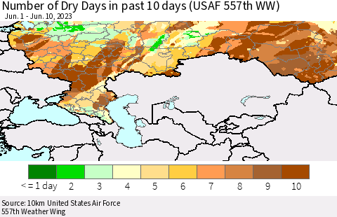 Russian Federation Number of Dry Days in past 10 days (USAF 557th WW) Thematic Map For 6/6/2023 - 6/10/2023