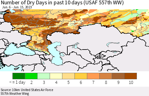 Russian Federation Number of Dry Days in past 10 days (USAF 557th WW) Thematic Map For 6/11/2023 - 6/15/2023