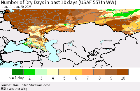 Russian Federation Number of Dry Days in past 10 days (USAF 557th WW) Thematic Map For 6/16/2023 - 6/20/2023