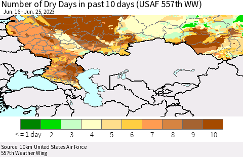 Russian Federation Number of Dry Days in past 10 days (USAF 557th WW) Thematic Map For 6/21/2023 - 6/25/2023