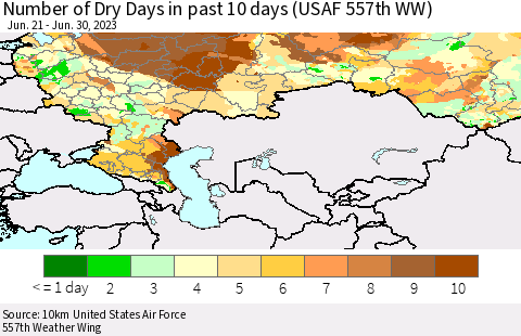 Russian Federation Number of Dry Days in past 10 days (USAF 557th WW) Thematic Map For 6/26/2023 - 6/30/2023