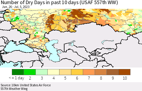 Russian Federation Number of Dry Days in past 10 days (USAF 557th WW) Thematic Map For 7/1/2023 - 7/5/2023