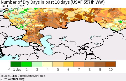 Russian Federation Number of Dry Days in past 10 days (USAF 557th WW) Thematic Map For 7/6/2023 - 7/10/2023